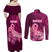 Custom Polynesia Breast Cancer Couples Matching Off Shoulder Maxi Dress and Long Sleeve Button Shirts Butterfly and Flowers Ribbon Maori Tattoo Ethnic Pink Style LT03 - Polynesian Pride