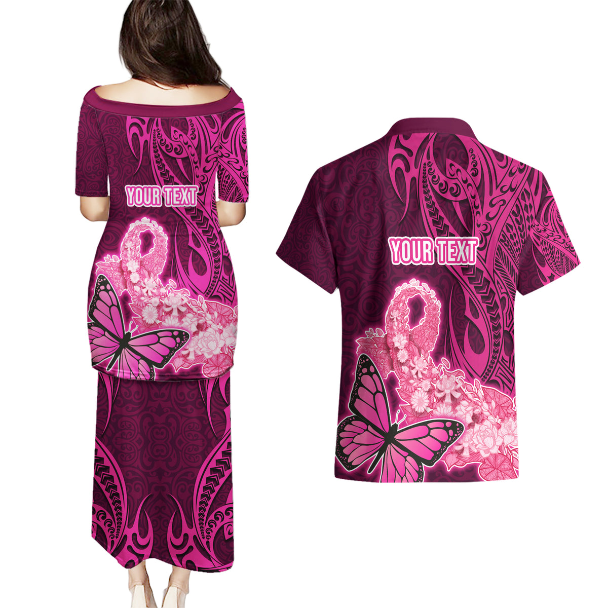 Custom Polynesia Breast Cancer Couples Matching Puletasi Dress and Hawaiian Shirt Butterfly and Flowers Ribbon Maori Tattoo Ethnic Pink Style LT03 - Polynesian Pride