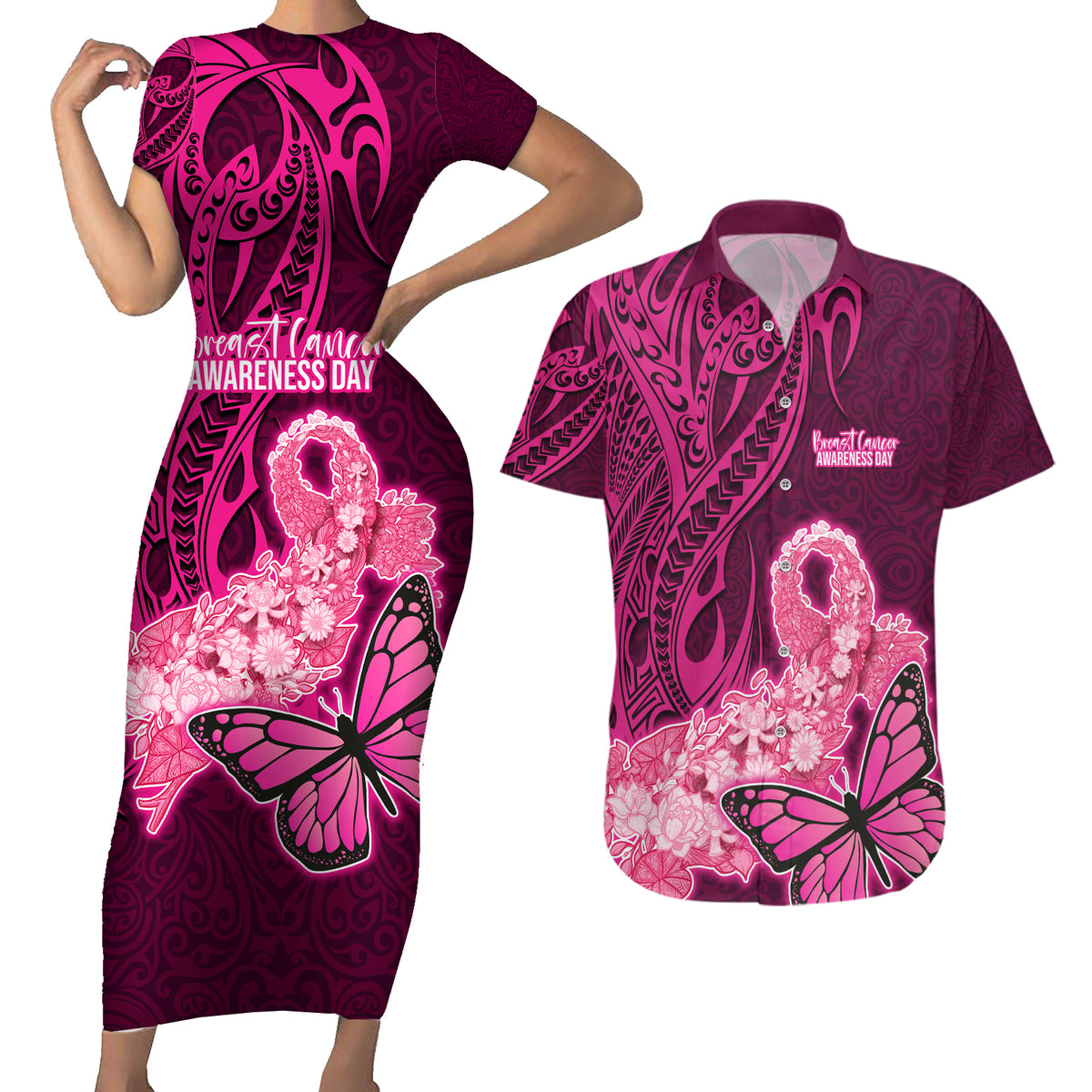 Custom Polynesia Breast Cancer Couples Matching Short Sleeve Bodycon Dress and Hawaiian Shirt Butterfly and Flowers Ribbon Maori Tattoo Ethnic Pink Style LT03 Pink - Polynesian Pride