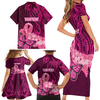 Custom Polynesia Breast Cancer Family Matching Short Sleeve Bodycon Dress and Hawaiian Shirt Butterfly and Flowers Ribbon Maori Tattoo Ethnic Pink Style LT03 - Polynesian Pride