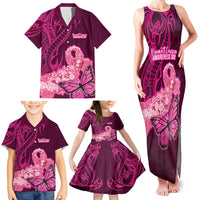 Custom Polynesia Breast Cancer Family Matching Tank Maxi Dress and Hawaiian Shirt Butterfly and Flowers Ribbon Maori Tattoo Ethnic Pink Style LT03 - Polynesian Pride