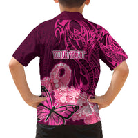 Custom Polynesia Breast Cancer Kid Hawaiian Shirt Butterfly and Flowers Ribbon Maori Tattoo Ethnic Pink Style LT03 - Polynesian Pride