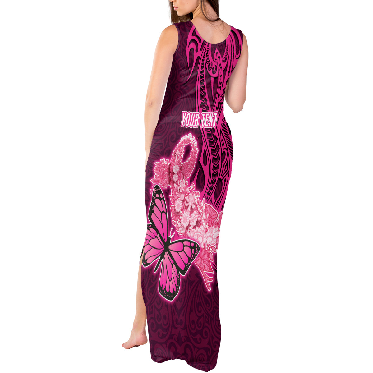 Custom Polynesia Breast Cancer Tank Maxi Dress Butterfly and Flowers Ribbon Maori Tattoo Ethnic Pink Style LT03 - Polynesian Pride