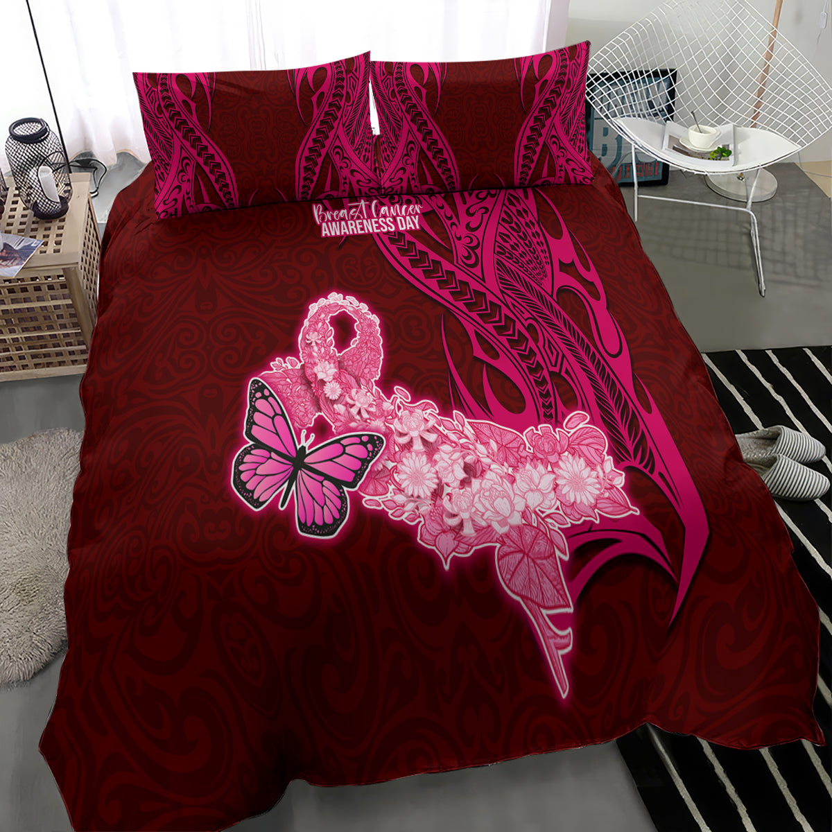 Polynesia Breast Cancer Bedding Set Butterfly and Flowers Ribbon Maori Tattoo Ethnic Red Style LT03 - Polynesian Pride
