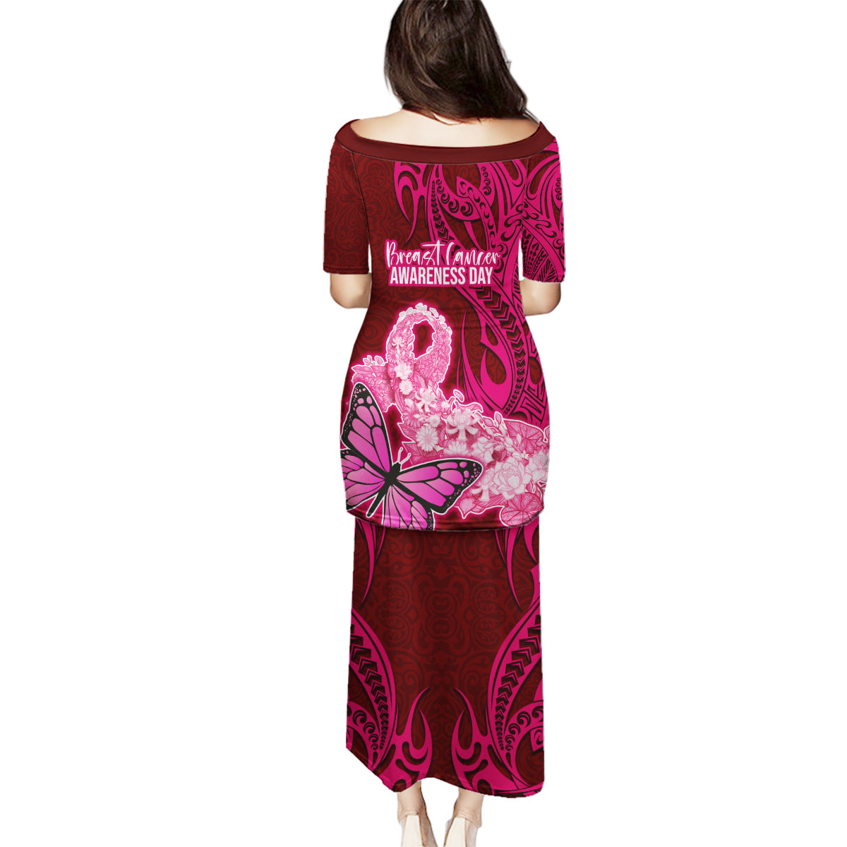 Polynesia Breast Cancer Family Matching Puletasi Dress and Hawaiian Shirt Butterfly and Flowers Ribbon Maori Tattoo Ethnic Red Style LT03 - Polynesian Pride