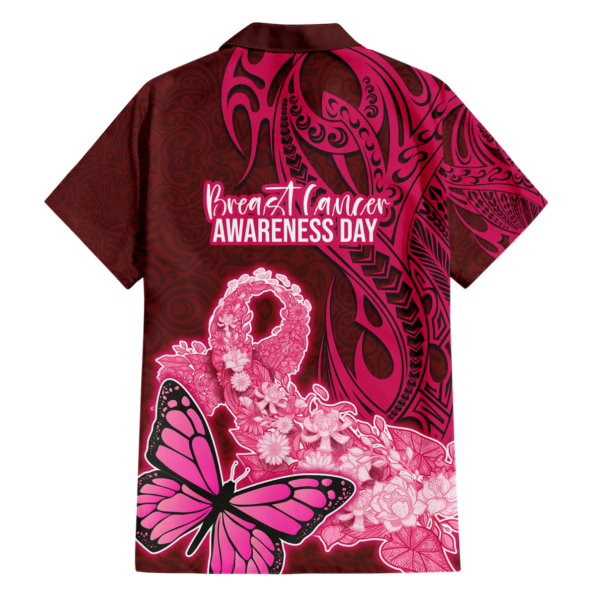 Polynesia Breast Cancer Family Matching Short Sleeve Bodycon Dress and Hawaiian Shirt Butterfly and Flowers Ribbon Maori Tattoo Ethnic Red Style LT03 - Polynesian Pride