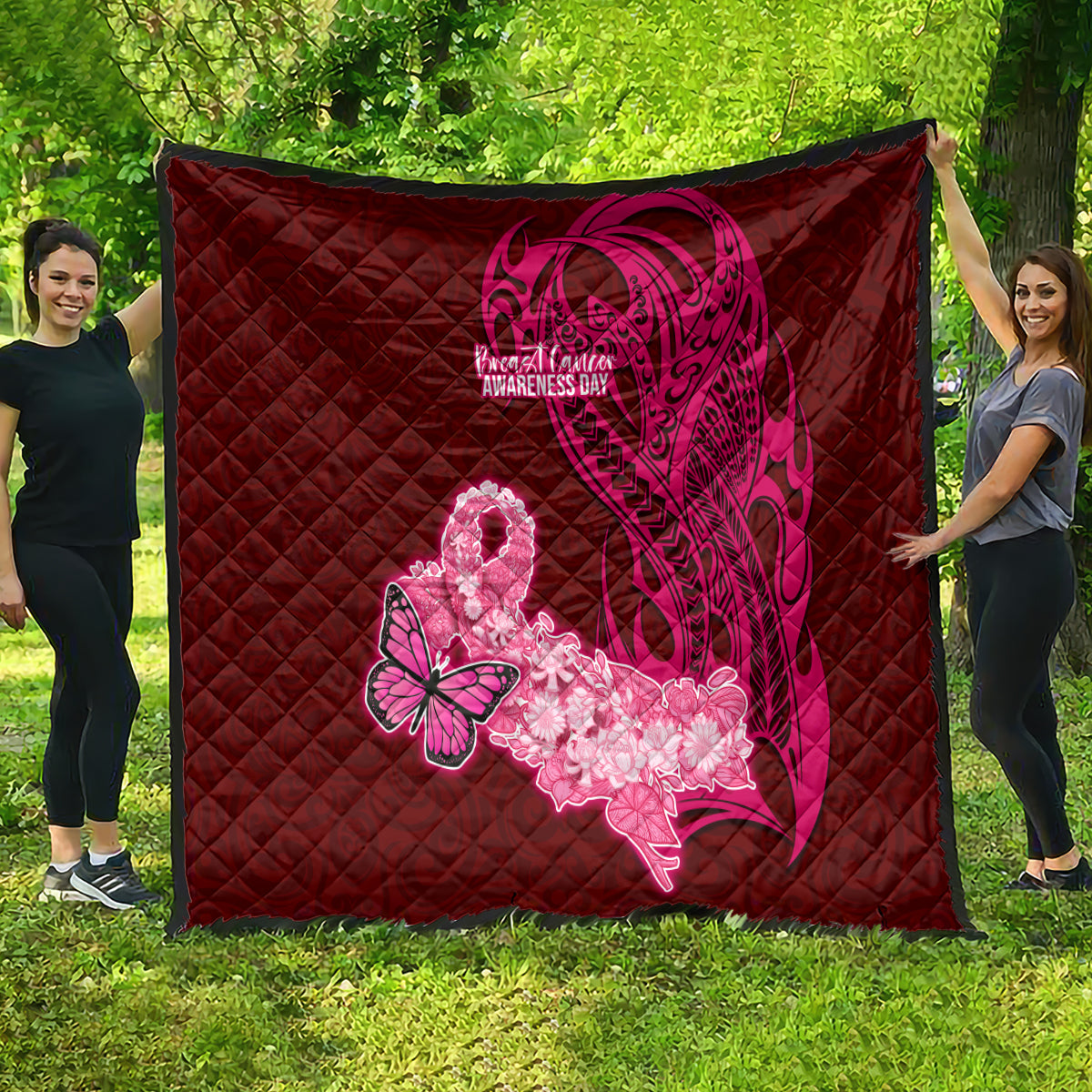 Polynesia Breast Cancer Quilt Butterfly and Flowers Ribbon Maori Tattoo Ethnic Red Style LT03 - Polynesian Pride