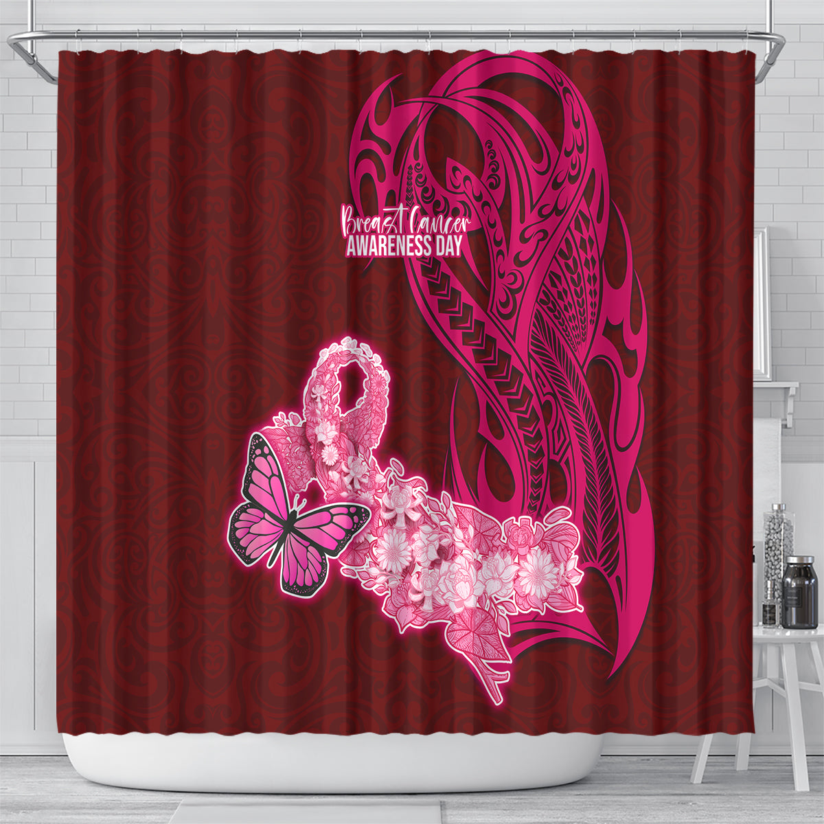 Polynesia Breast Cancer Shower Curtain Butterfly and Flowers Ribbon Maori Tattoo Ethnic Red Style LT03 - Polynesian Pride