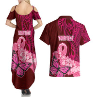Custom Polynesia Breast Cancer Couples Matching Summer Maxi Dress and Hawaiian Shirt Butterfly and Flowers Ribbon Maori Tattoo Ethnic Red Style LT03 - Polynesian Pride