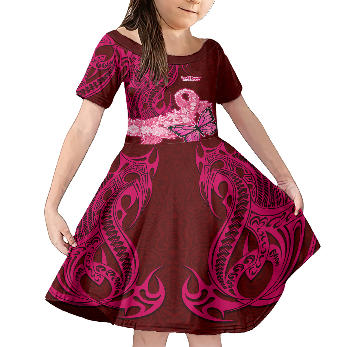 Custom Polynesia Breast Cancer Family Matching Short Sleeve Bodycon Dress and Hawaiian Shirt Butterfly and Flowers Ribbon Maori Tattoo Ethnic Red Style LT03 Daughter's Dress Red - Polynesian Pride