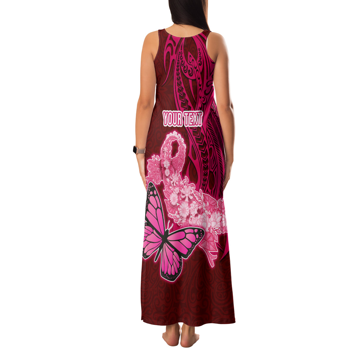 Custom Polynesia Breast Cancer Family Matching Tank Maxi Dress and Hawaiian Shirt Butterfly and Flowers Ribbon Maori Tattoo Ethnic Red Style LT03 - Polynesian Pride
