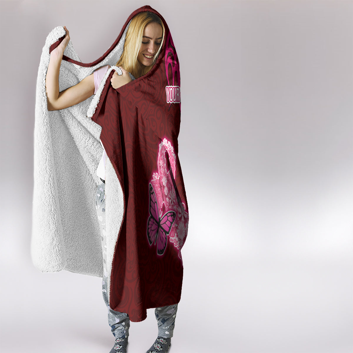 Custom Polynesia Breast Cancer Hooded Blanket Butterfly and Flowers Ribbon Maori Tattoo Ethnic Red Style LT03 - Polynesian Pride