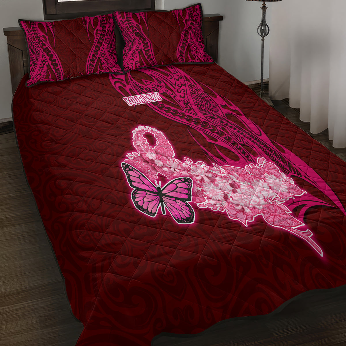 Custom Polynesia Breast Cancer Quilt Bed Set Butterfly and Flowers Ribbon Maori Tattoo Ethnic Red Style LT03 - Polynesian Pride