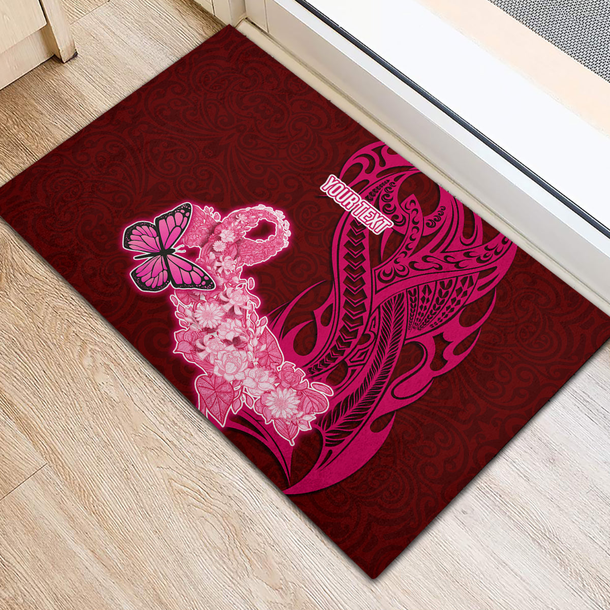 Custom Polynesia Breast Cancer Rubber Doormat Butterfly and Flowers Ribbon Maori Tattoo Ethnic Red Style LT03 - Polynesian Pride