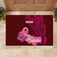 Custom Polynesia Breast Cancer Rubber Doormat Butterfly and Flowers Ribbon Maori Tattoo Ethnic Red Style LT03 - Polynesian Pride