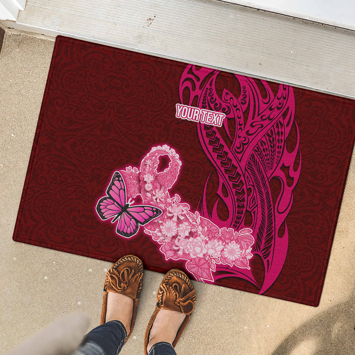 Custom Polynesia Breast Cancer Rubber Doormat Butterfly and Flowers Ribbon Maori Tattoo Ethnic Red Style LT03 - Polynesian Pride