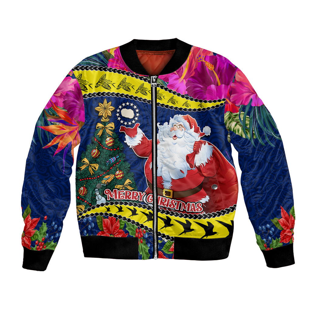Cook Island Christmas Bomber Jacket Santa Claus Mix Maroro and Kakaia Hibiscus Flower Maori Pattern LT03 Unisex Blue - Polynesian Pride