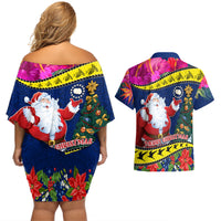 Cook Island Christmas Couples Matching Off Shoulder Short Dress and Hawaiian Shirt Santa Claus Mix Maroro and Kakaia Hibiscus Flower Maori Pattern LT03 - Polynesian Pride