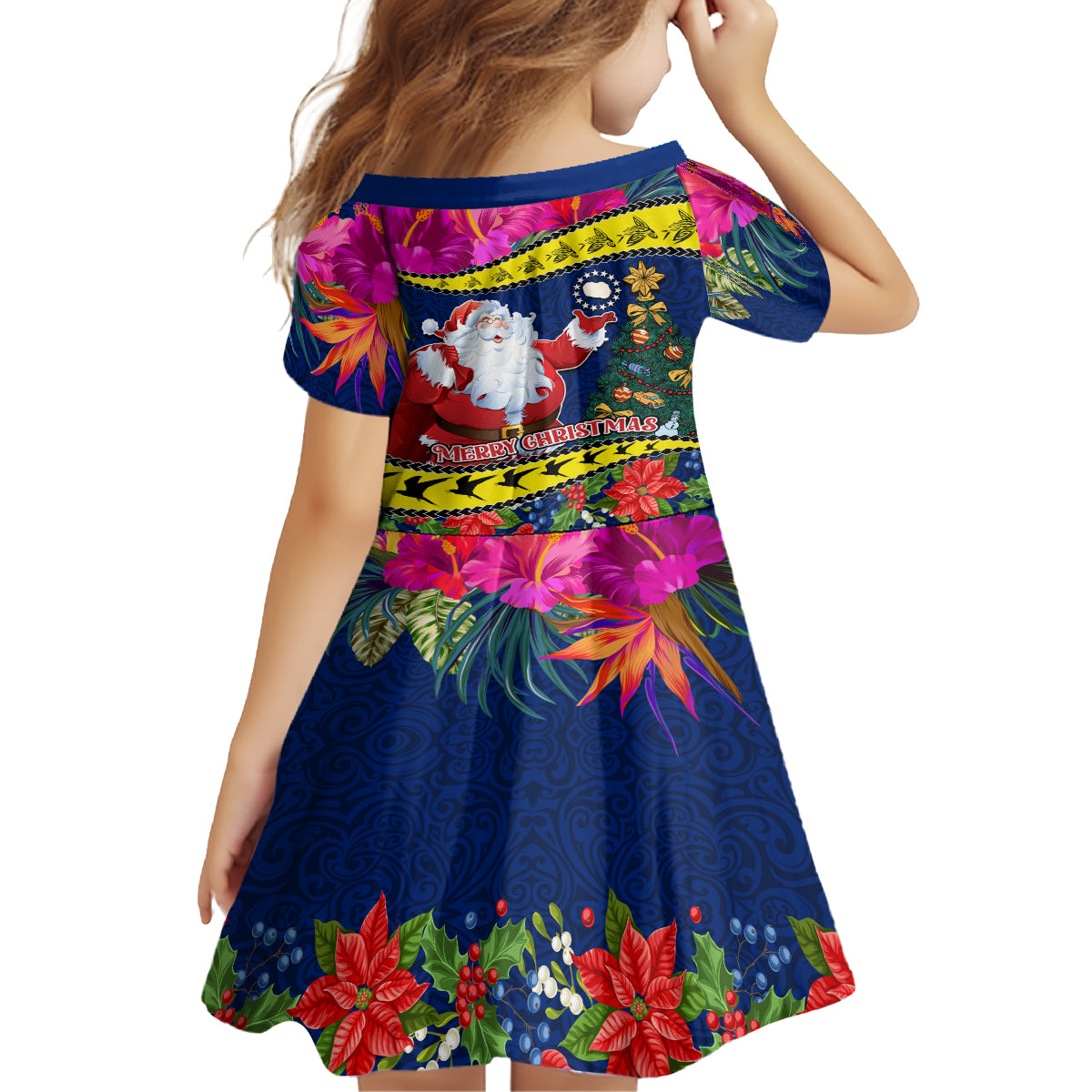 Cook Island Christmas Family Matching Long Sleeve Bodycon Dress and Hawaiian Shirt Santa Claus Mix Maroro and Kakaia Hibiscus Flower Maori Pattern LT03 - Polynesian Pride