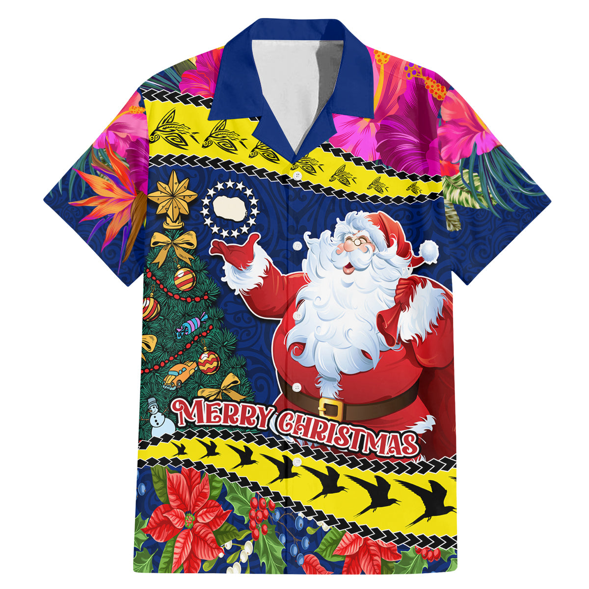 Cook Island Christmas Family Matching Mermaid Dress and Hawaiian Shirt Santa Claus Mix Maroro and Kakaia Hibiscus Flower Maori Pattern LT03 Dad's Shirt - Short Sleeve Blue - Polynesian Pride