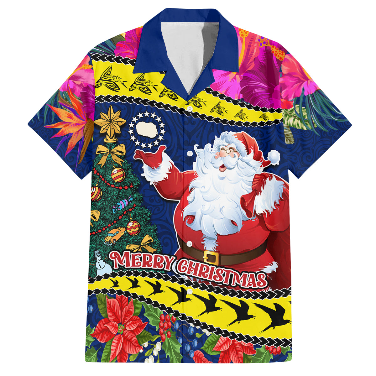 Cook Island Christmas Family Matching Off Shoulder Short Dress and Hawaiian Shirt Santa Claus Mix Maroro and Kakaia Hibiscus Flower Maori Pattern LT03 Dad's Shirt - Short Sleeve Blue - Polynesian Pride