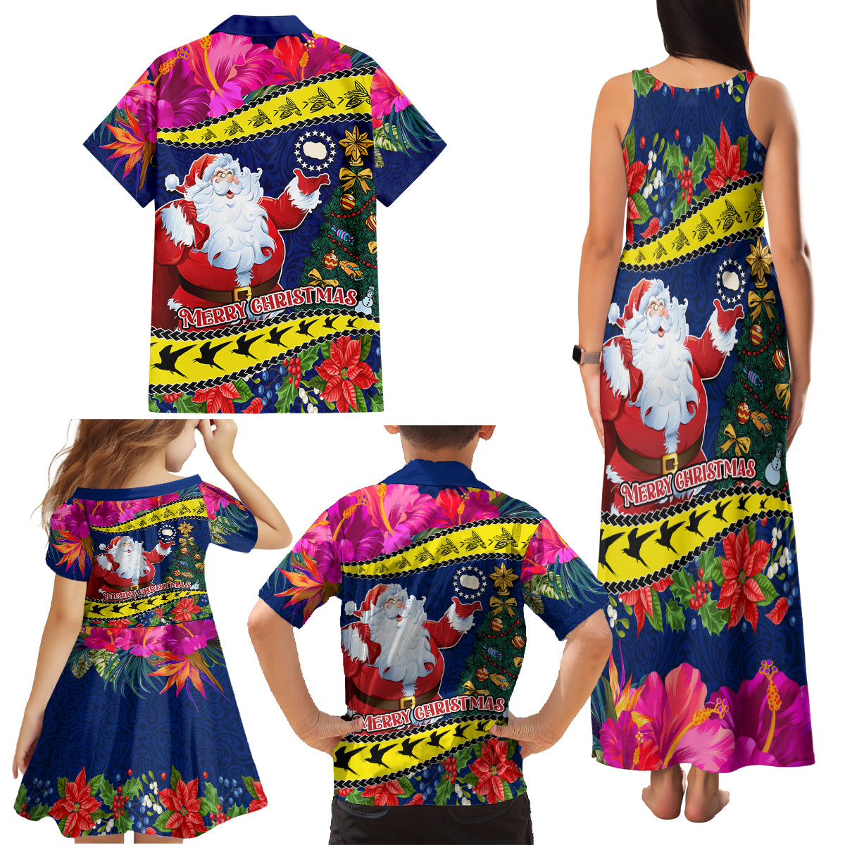 Cook Island Christmas Family Matching Tank Maxi Dress and Hawaiian Shirt Santa Claus Mix Maroro and Kakaia Hibiscus Flower Maori Pattern LT03 - Polynesian Pride