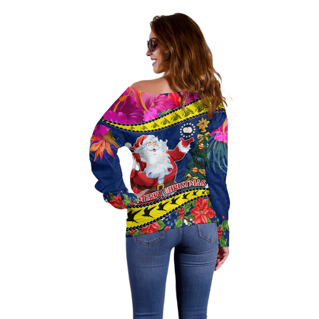 Cook Island Christmas Off Shoulder Sweater Santa Claus Mix Maroro and Kakaia Hibiscus Flower Maori Pattern LT03 - Polynesian Pride