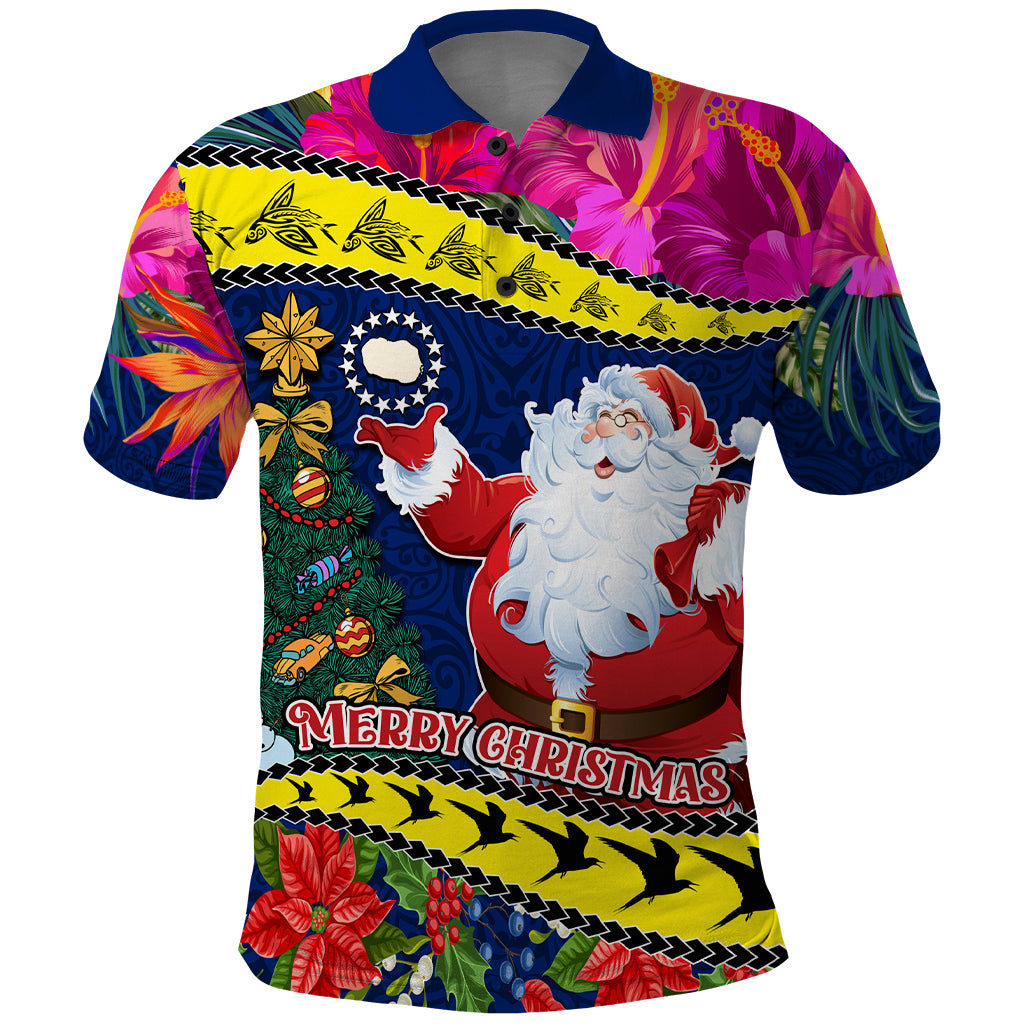 Cook Island Christmas Polo Shirt Santa Claus Mix Maroro and Kakaia Hibiscus Flower Maori Pattern LT03 Blue - Polynesian Pride