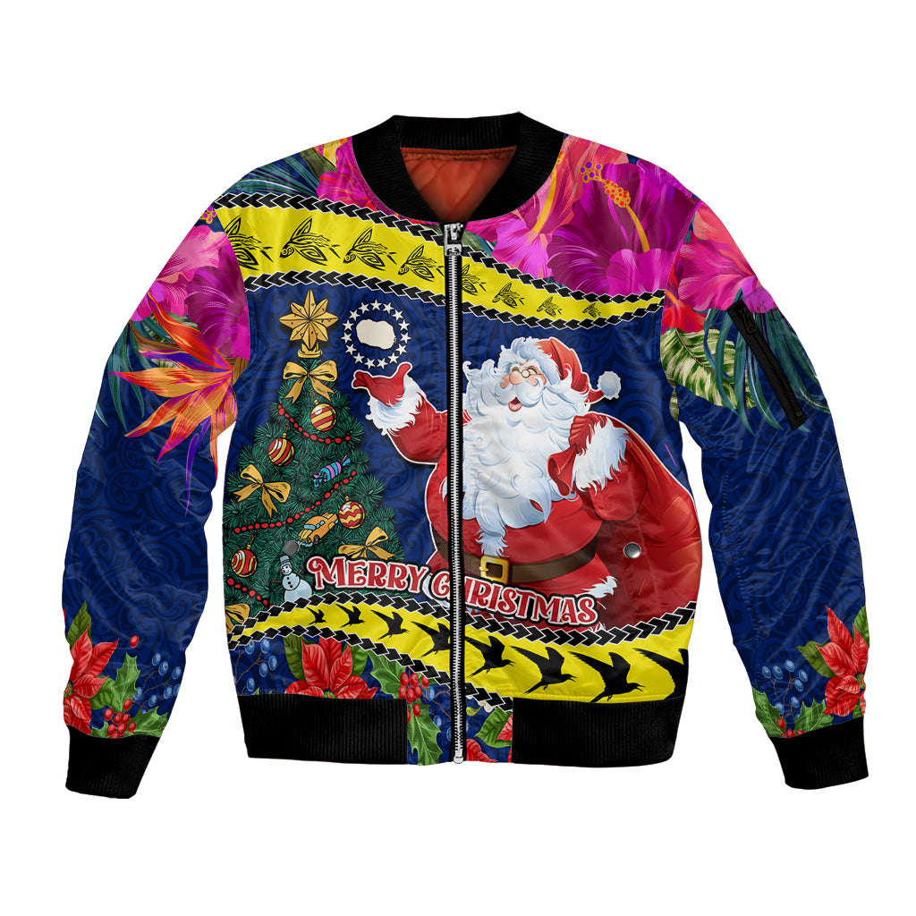 Cook Island Christmas Sleeve Zip Bomber Jacket Santa Claus Mix Maroro and Kakaia Hibiscus Flower Maori Pattern LT03 Unisex Blue - Polynesian Pride