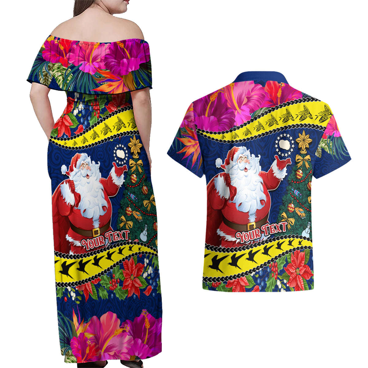 Personalised Cook Island Christmas Couples Matching Off Shoulder Maxi Dress and Hawaiian Shirt Santa Claus Mix Maroro and Kakaia Hibiscus Flower Maori Pattern LT03 - Polynesian Pride