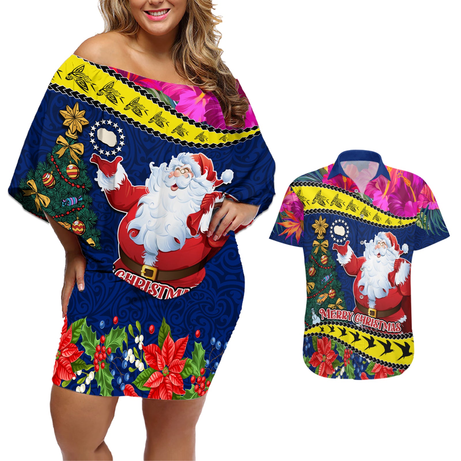 Personalised Cook Island Christmas Couples Matching Off Shoulder Short Dress and Hawaiian Shirt Santa Claus Mix Maroro and Kakaia Hibiscus Flower Maori Pattern LT03 Blue - Polynesian Pride