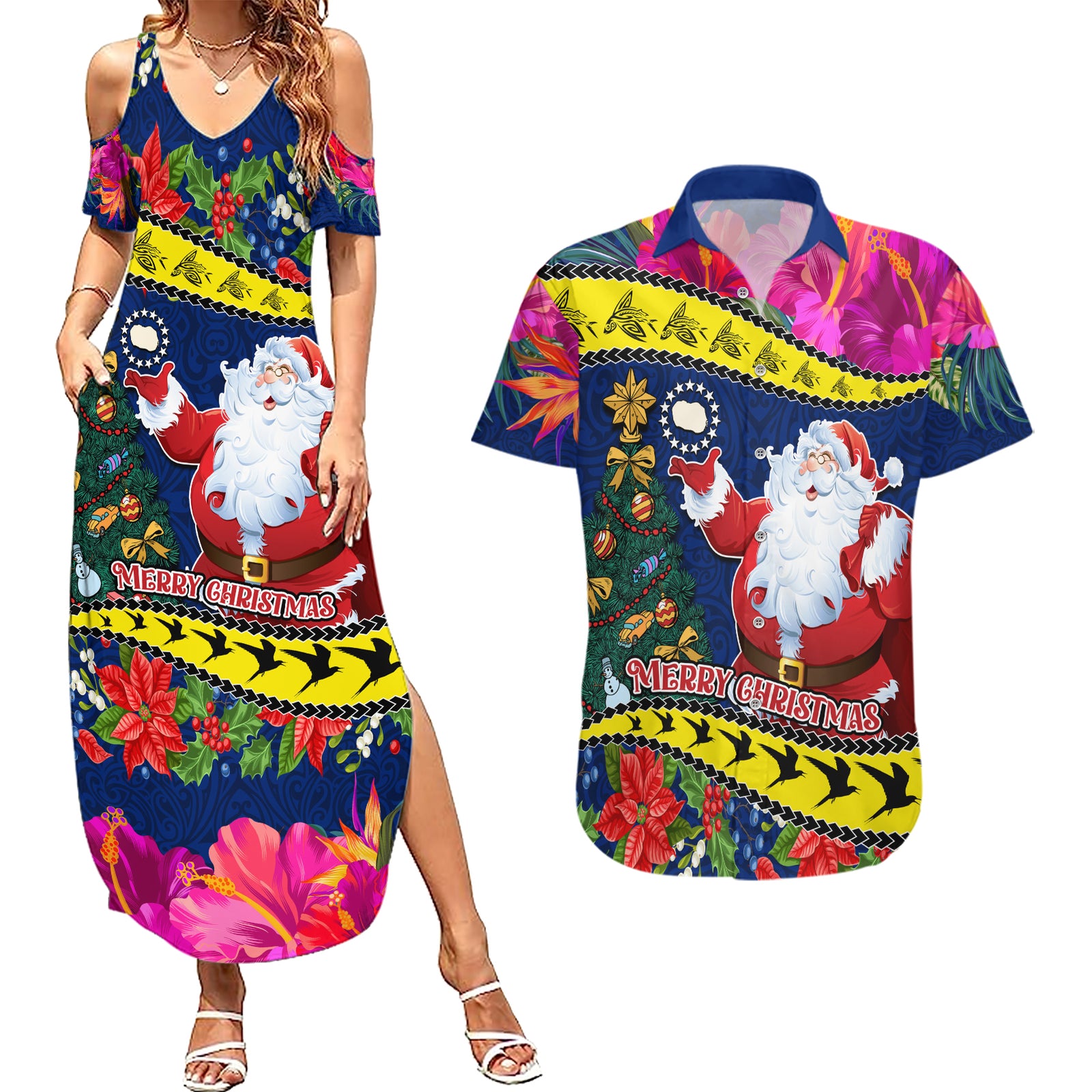Personalised Cook Island Christmas Couples Matching Summer Maxi Dress and Hawaiian Shirt Santa Claus Mix Maroro and Kakaia Hibiscus Flower Maori Pattern LT03 Blue - Polynesian Pride