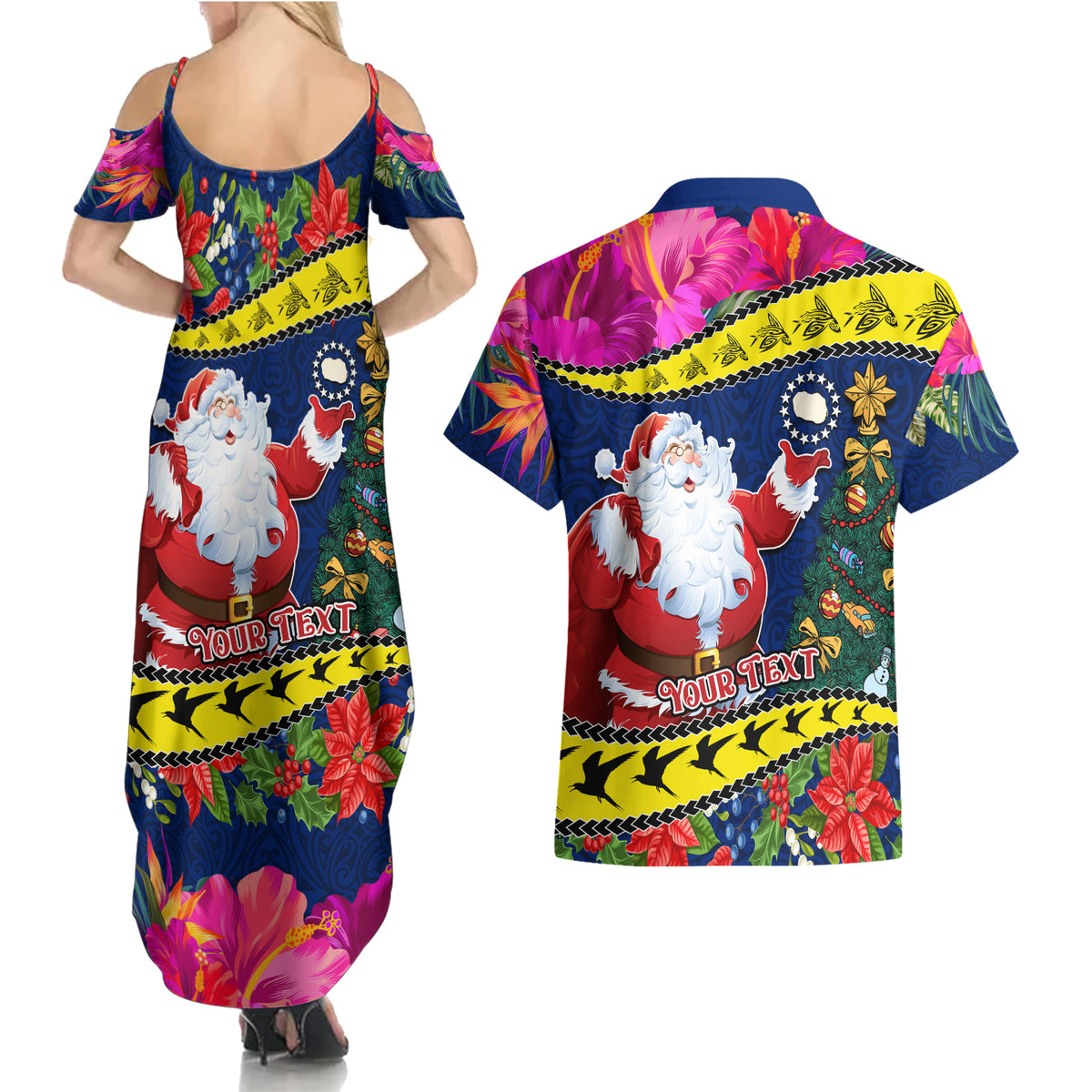 Personalised Cook Island Christmas Couples Matching Summer Maxi Dress and Hawaiian Shirt Santa Claus Mix Maroro and Kakaia Hibiscus Flower Maori Pattern LT03 - Polynesian Pride