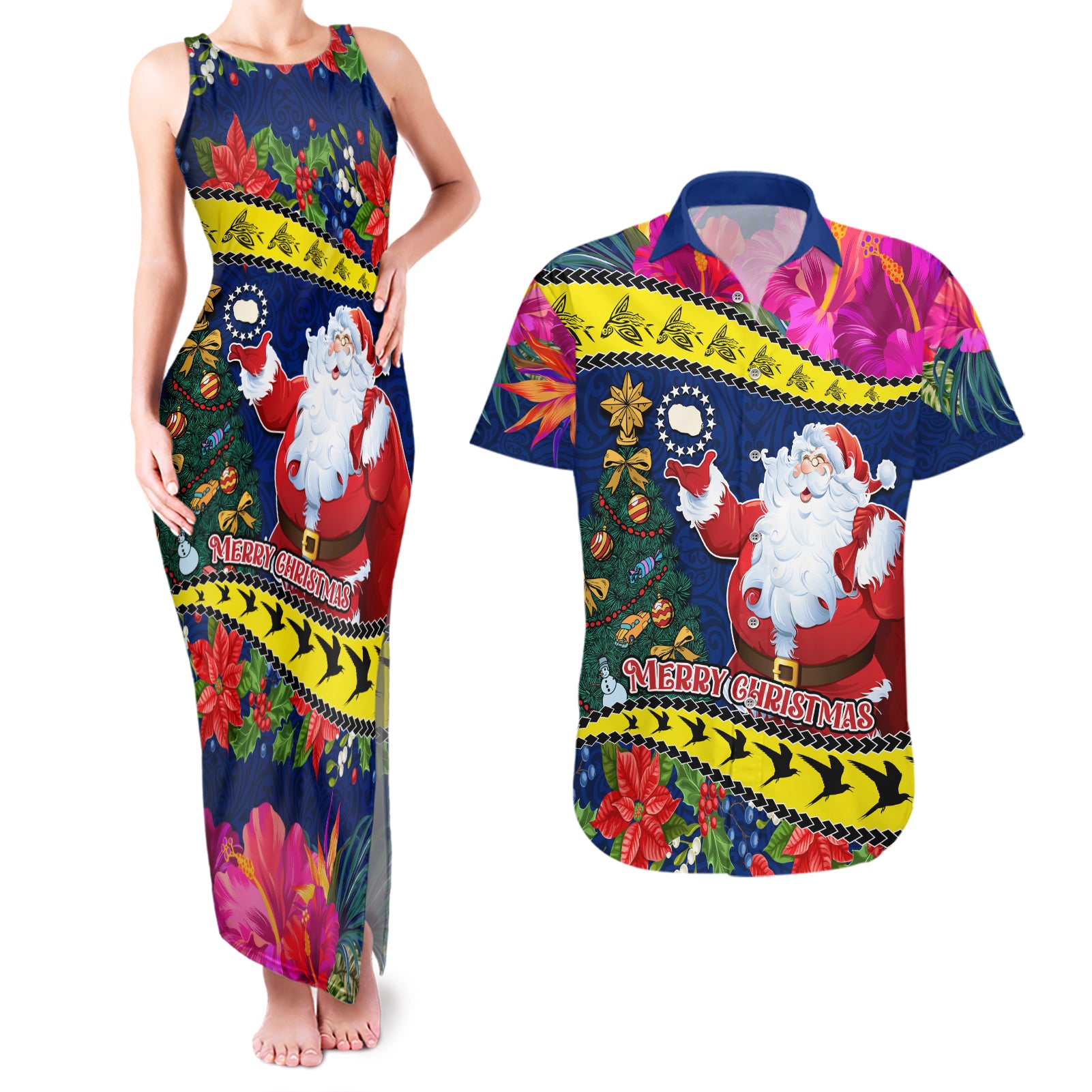 Personalised Cook Island Christmas Couples Matching Tank Maxi Dress and Hawaiian Shirt Santa Claus Mix Maroro and Kakaia Hibiscus Flower Maori Pattern LT03 Blue - Polynesian Pride