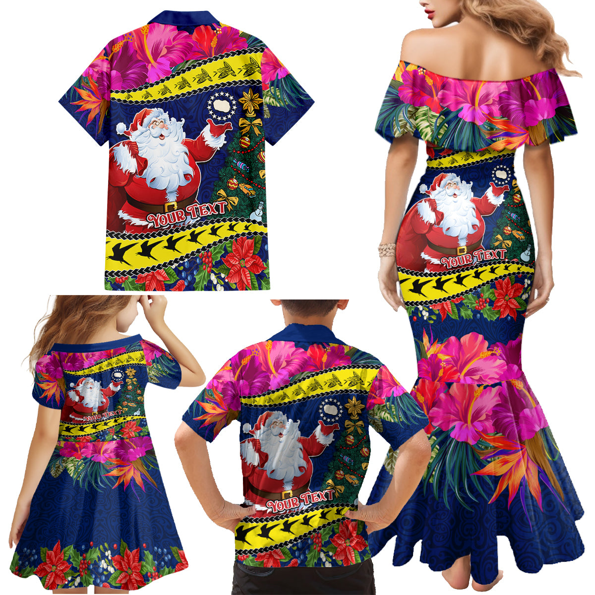 Personalised Cook Island Christmas Family Matching Mermaid Dress and Hawaiian Shirt Santa Claus Mix Maroro and Kakaia Hibiscus Flower Maori Pattern LT03 - Polynesian Pride