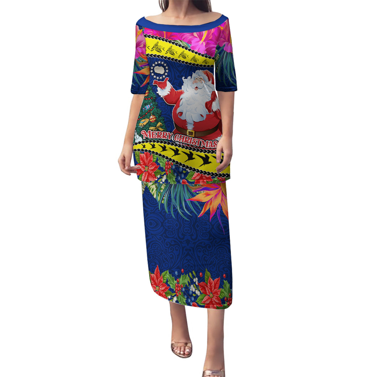 Personalised Cook Island Christmas Family Matching Puletasi Dress and Hawaiian Shirt Santa Claus Mix Maroro and Kakaia Hibiscus Flower Maori Pattern LT03 Mom's Dress Blue - Polynesian Pride