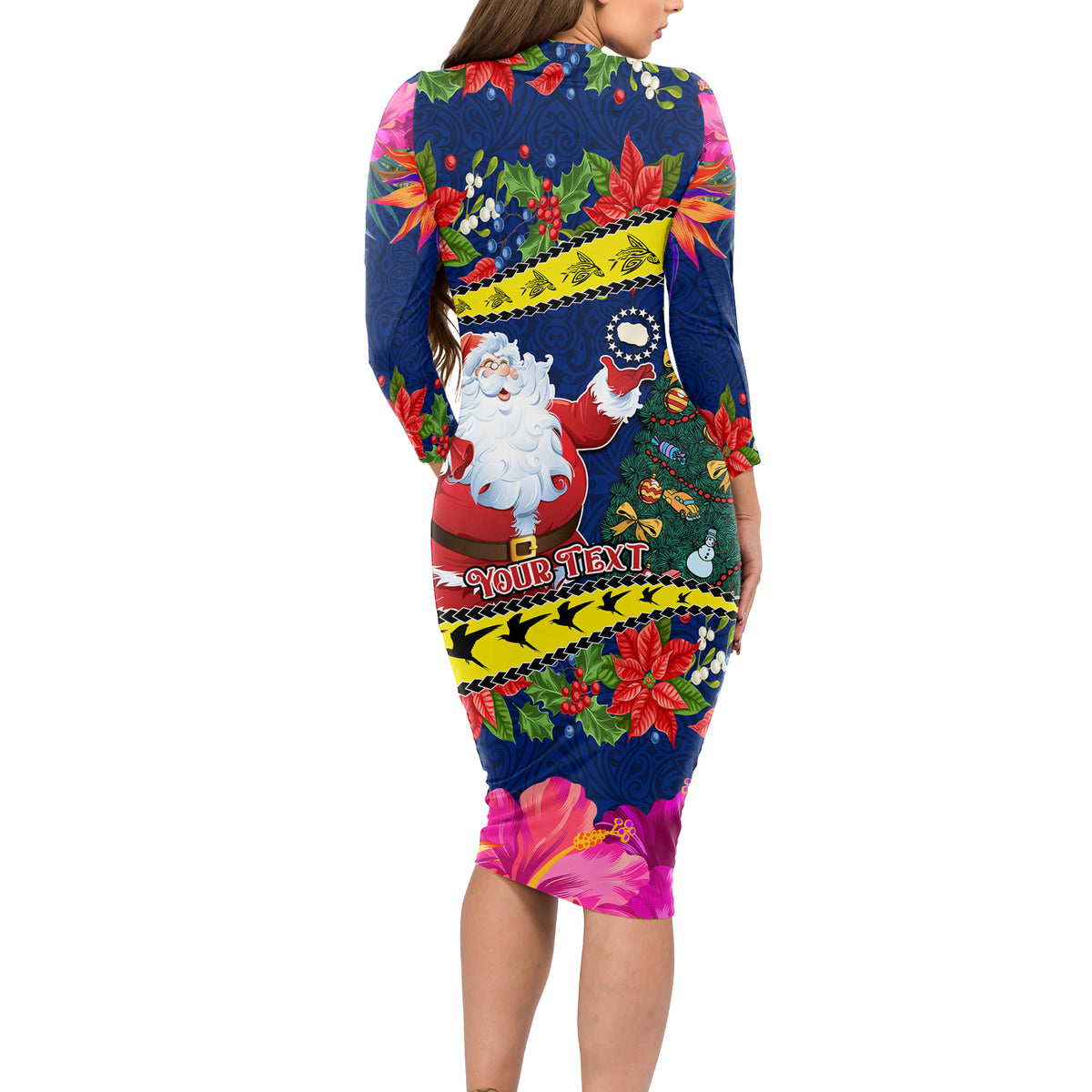 Personalised Cook Island Christmas Long Sleeve Bodycon Dress Santa Claus Mix Maroro and Kakaia Hibiscus Flower Maori Pattern LT03 - Polynesian Pride