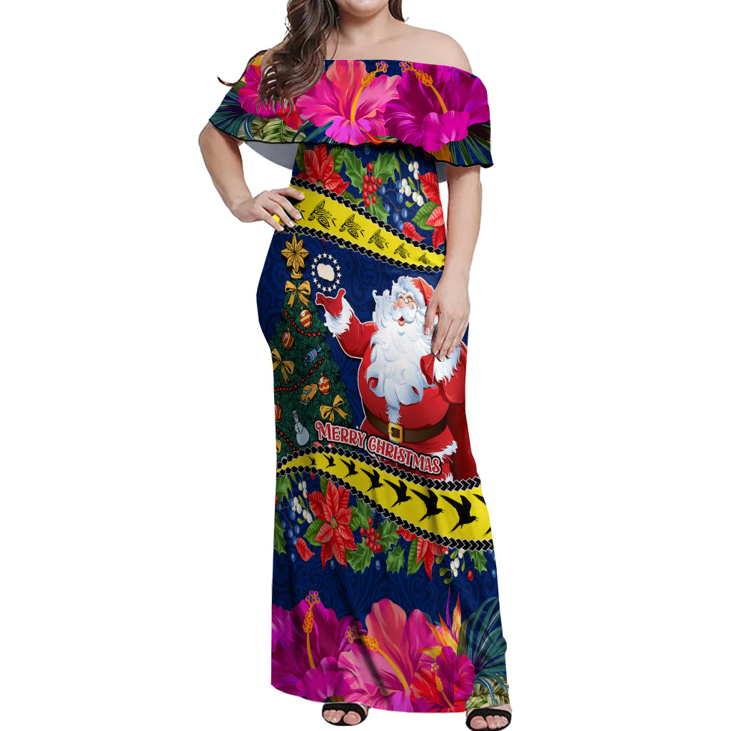 Personalised Cook Island Christmas Off Shoulder Maxi Dress Santa Claus Mix Maroro and Kakaia Hibiscus Flower Maori Pattern LT03 Women Blue - Polynesian Pride