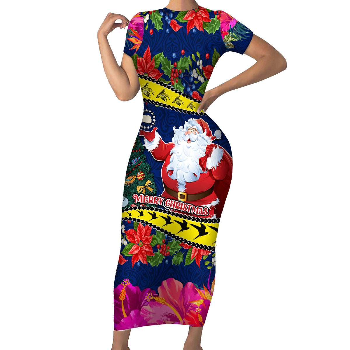 Personalised Cook Island Christmas Short Sleeve Bodycon Dress Santa Claus Mix Maroro and Kakaia Hibiscus Flower Maori Pattern LT03 Long Dress Blue - Polynesian Pride