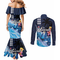 Hawaiian Honu Honi Ihu Couples Matching Mermaid Dress and Long Sleeve Button Shirt With Plumeria and Kakau Art Pattern