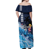 Hawaiian Honu Honi Ihu Family Matching Off Shoulder Maxi Dress and Hawaiian Shirt With Plumeria and Kakau Art Pattern