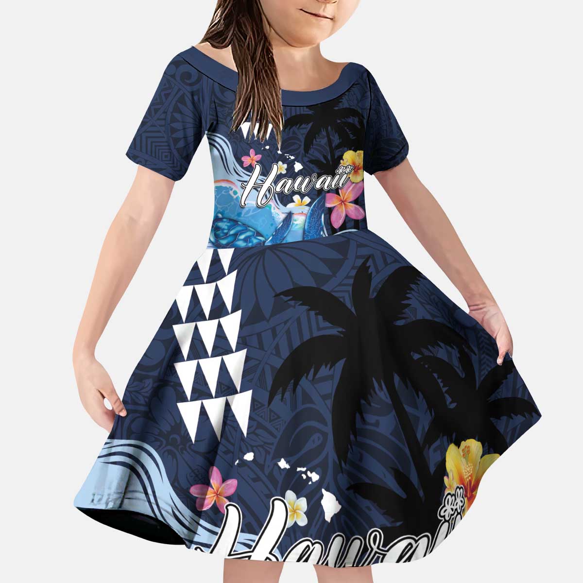 Hawaiian Honu Honi Ihu Kid Short Sleeve Dress With Plumeria and Kakau Art Pattern LT03 KID Dark Blue - Polynesian Pride