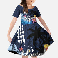 Hawaiian Honu Honi Ihu Kid Short Sleeve Dress With Plumeria and Kakau Art Pattern LT03 KID Dark Blue - Polynesian Pride