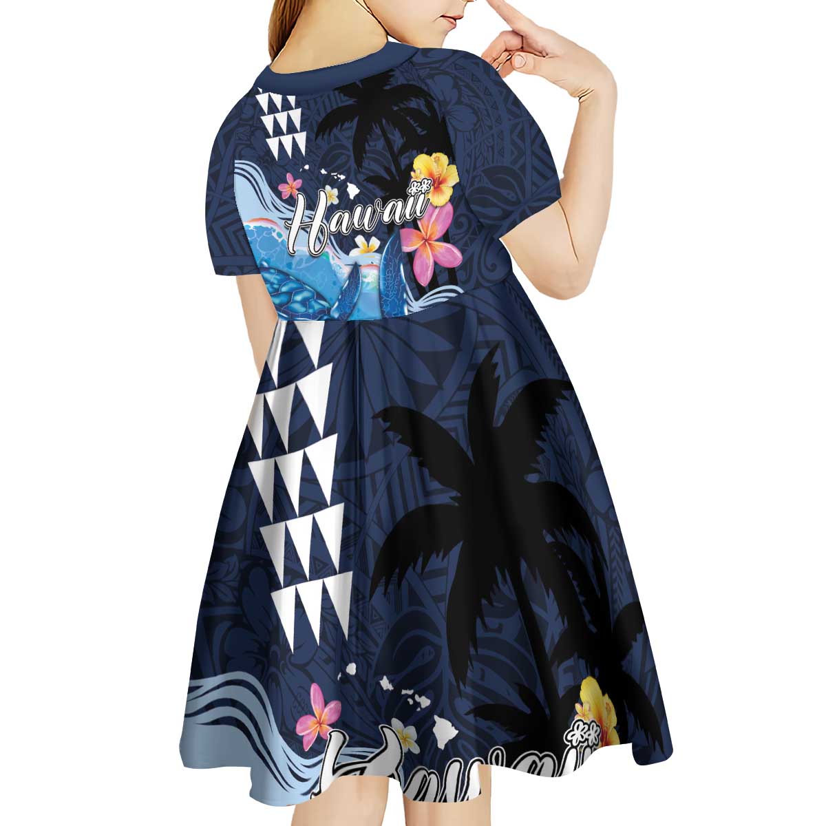 Hawaiian Honu Honi Ihu Kid Short Sleeve Dress With Plumeria and Kakau Art Pattern LT03 - Polynesian Pride