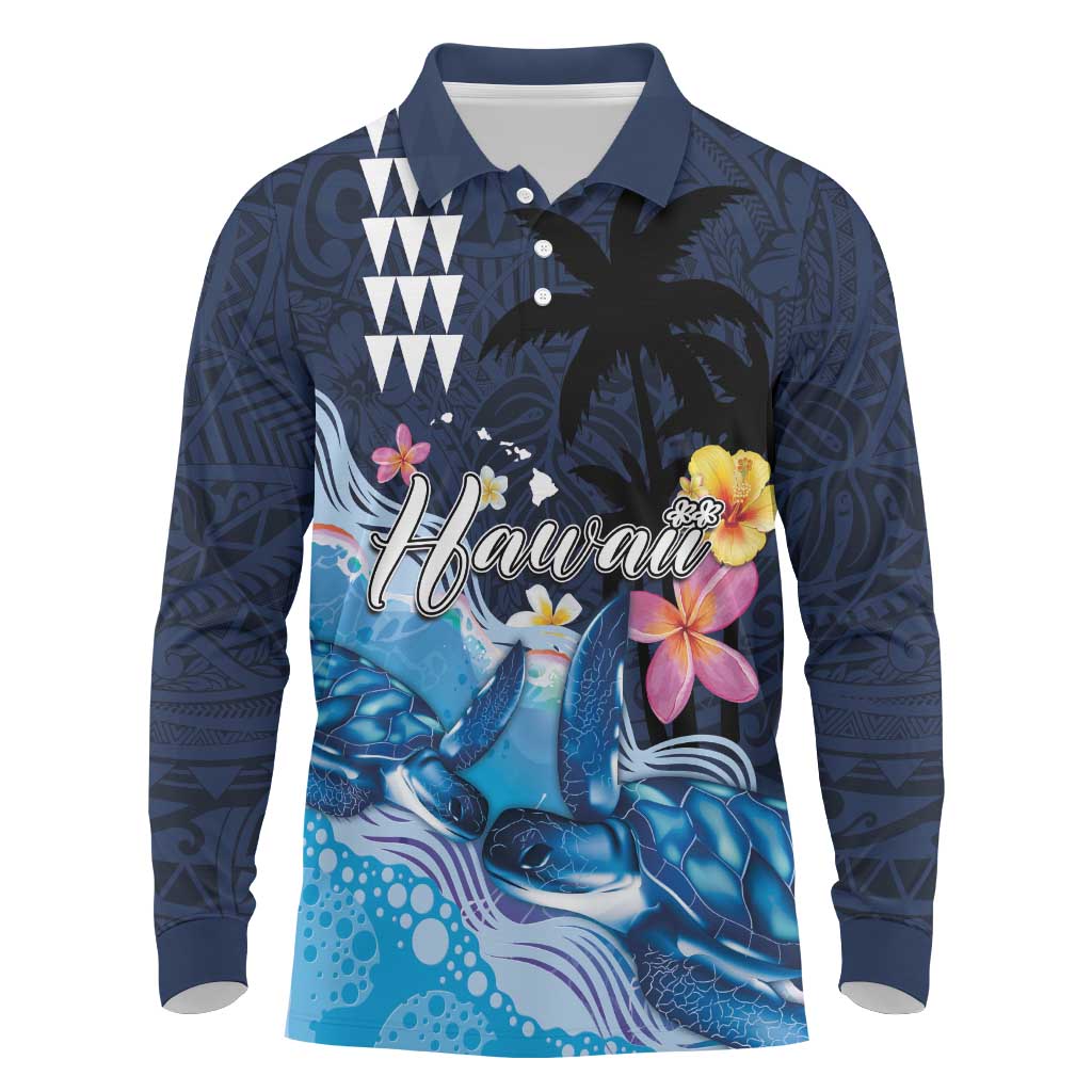 Hawaiian Honu Honi Ihu Long Sleeve Polo Shirt With Plumeria and Kakau Art Pattern LT03 Dark Blue - Polynesian Pride
