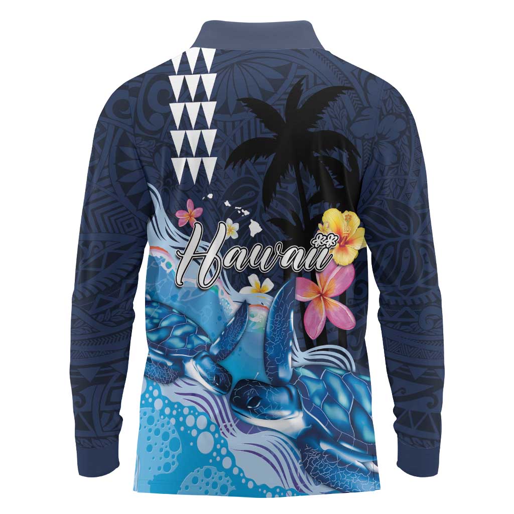 Hawaiian Honu Honi Ihu Long Sleeve Polo Shirt With Plumeria and Kakau Art Pattern LT03 - Polynesian Pride