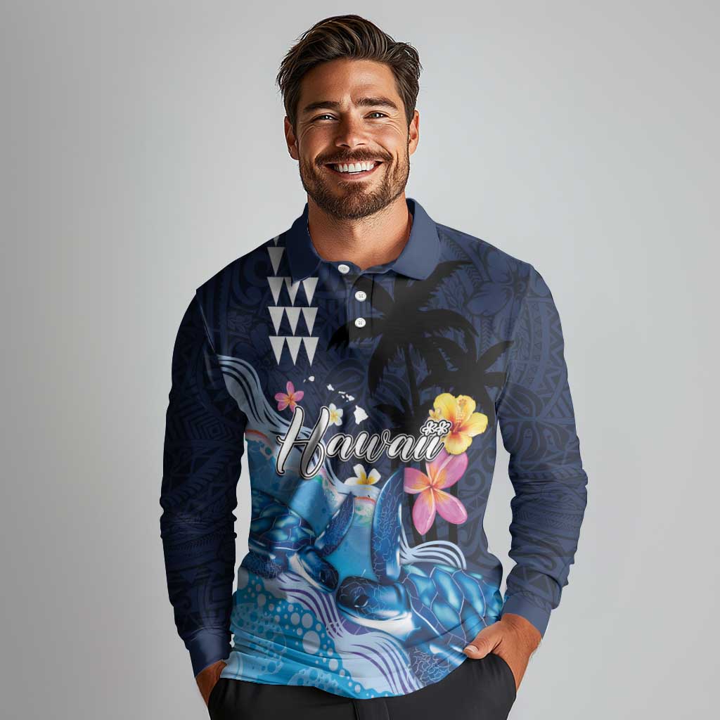 Hawaiian Honu Honi Ihu Long Sleeve Polo Shirt With Plumeria and Kakau Art Pattern LT03 - Polynesian Pride