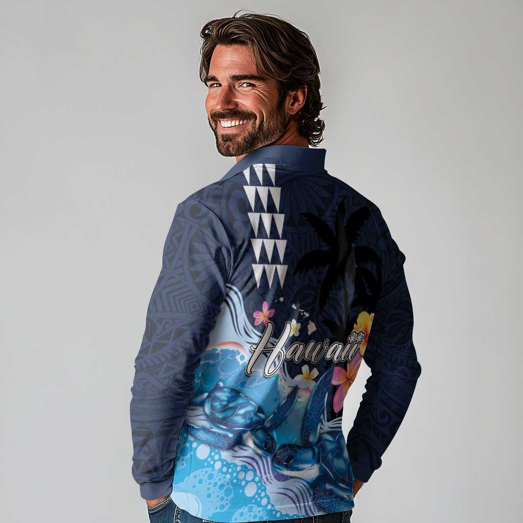 Hawaiian Honu Honi Ihu Long Sleeve Polo Shirt With Plumeria and Kakau Art Pattern LT03 - Polynesian Pride
