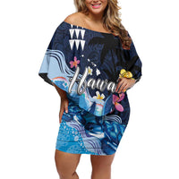 Hawaiian Honu Honi Ihu Off Shoulder Short Dress With Plumeria and Kakau Art Pattern LT03 Women Dark Blue - Polynesian Pride