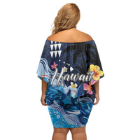 Hawaiian Honu Honi Ihu Off Shoulder Short Dress With Plumeria and Kakau Art Pattern LT03 - Polynesian Pride